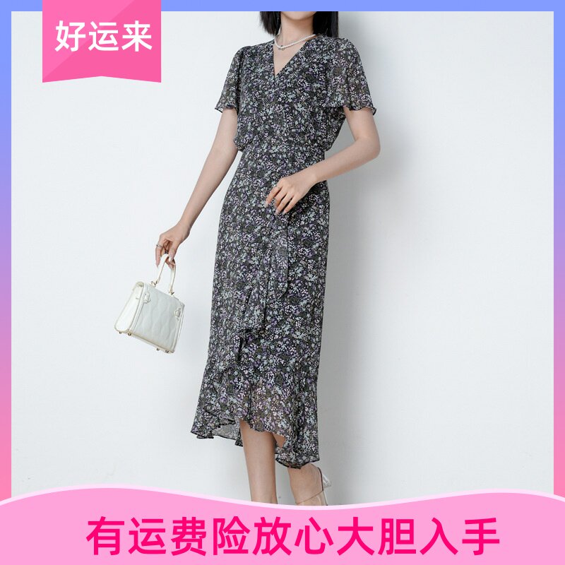 法式浪漫复古印花显瘦V领收腰大