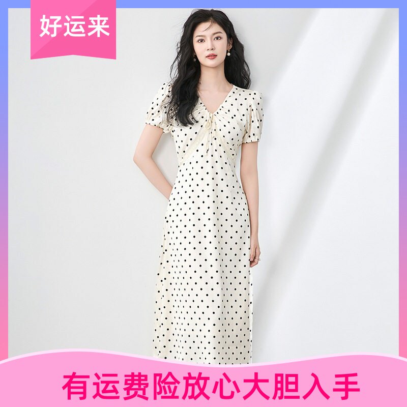 高级感波点泡泡袖提花缎面连衣裙