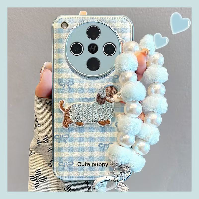 刺绣小狗秋冬适用苹果16手机壳iphone15promax全包华为皮纹手机壳