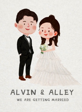 手绘头像婚纱照设计请帖迎宾牌定制插画Q版情侣卡通人物约稿绘制