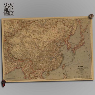 英文地图墙贴复古牛皮纸装饰画