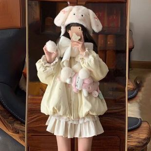 冬季加绒加厚小羊咩奶fufu棉服外套女刺绣立领宽松短款花苞棉袄