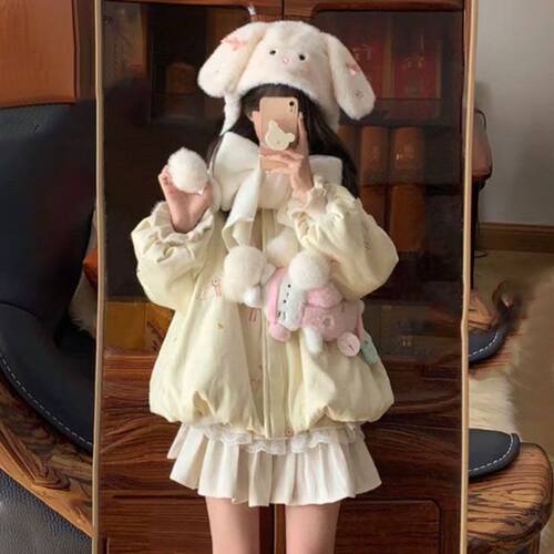冬季加绒加厚小羊咩奶fufu棉服外套女刺绣立领宽松短款花苞棉袄
