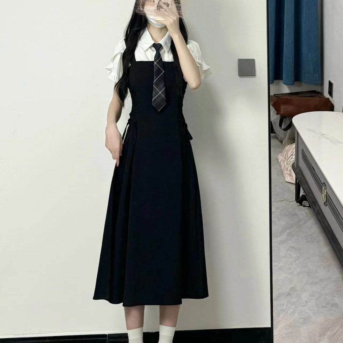 学院风夏季小个子背心连衣裙女复古赫本收腰学生衬衫背带裙两件套