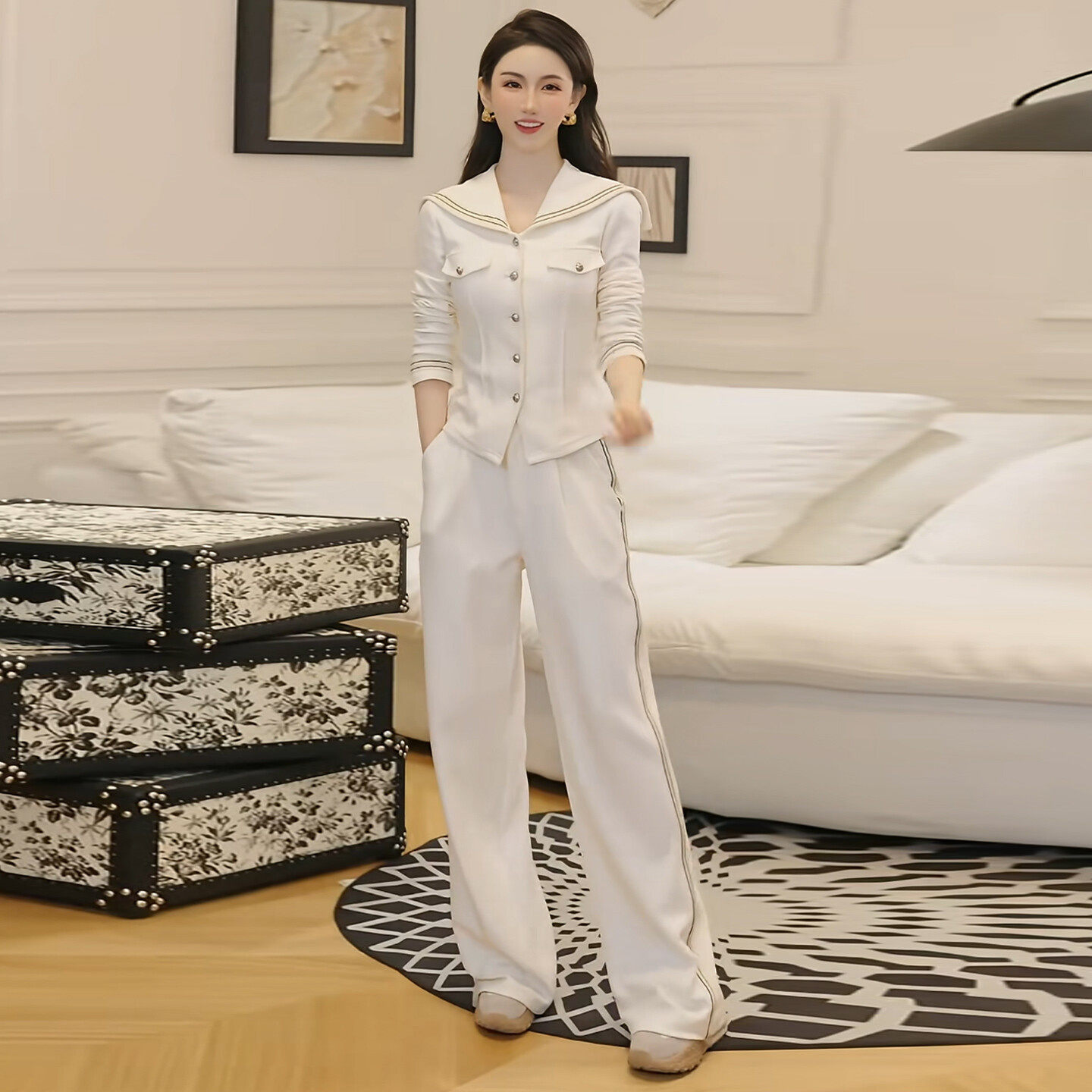 高品质时尚气质减龄套装女秋季新款海军领修身长袖上衣长裤两件套