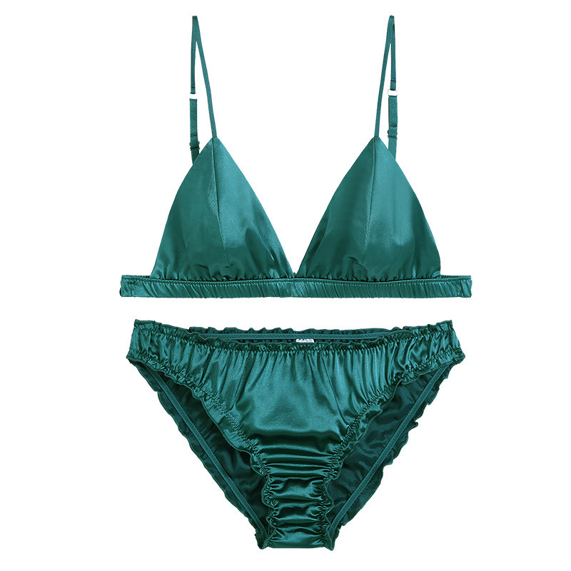 法式bralette祖母绿仿丝绸内衣套装小胸专属三角杯比基尼款