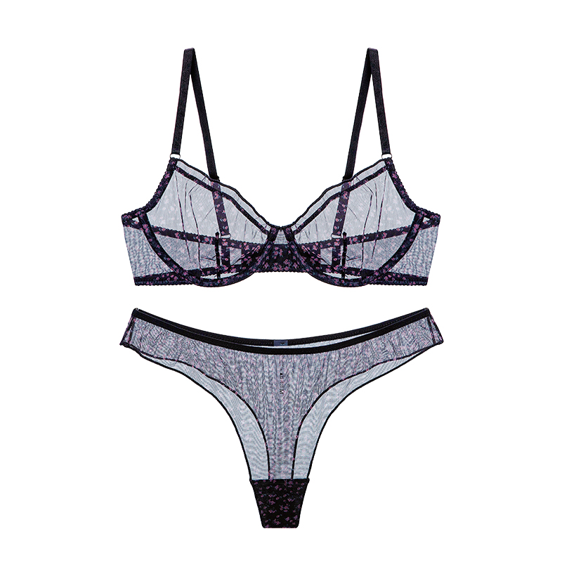 法式碎花薄款宫廷蕾丝气质上托聚拢大胸显小内衣套装文胸bra