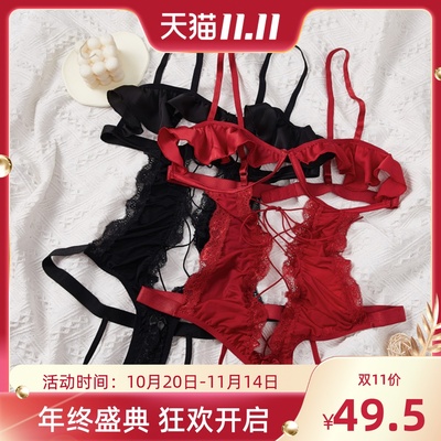 法式性感荷叶边连体内衣镂空束身开叉裤T红色黑色