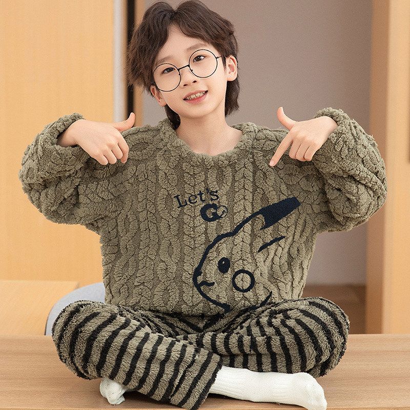 儿童珊瑚绒睡衣2025新款男童秋冬季加厚冬款绒男孩卡通睡衣家居服