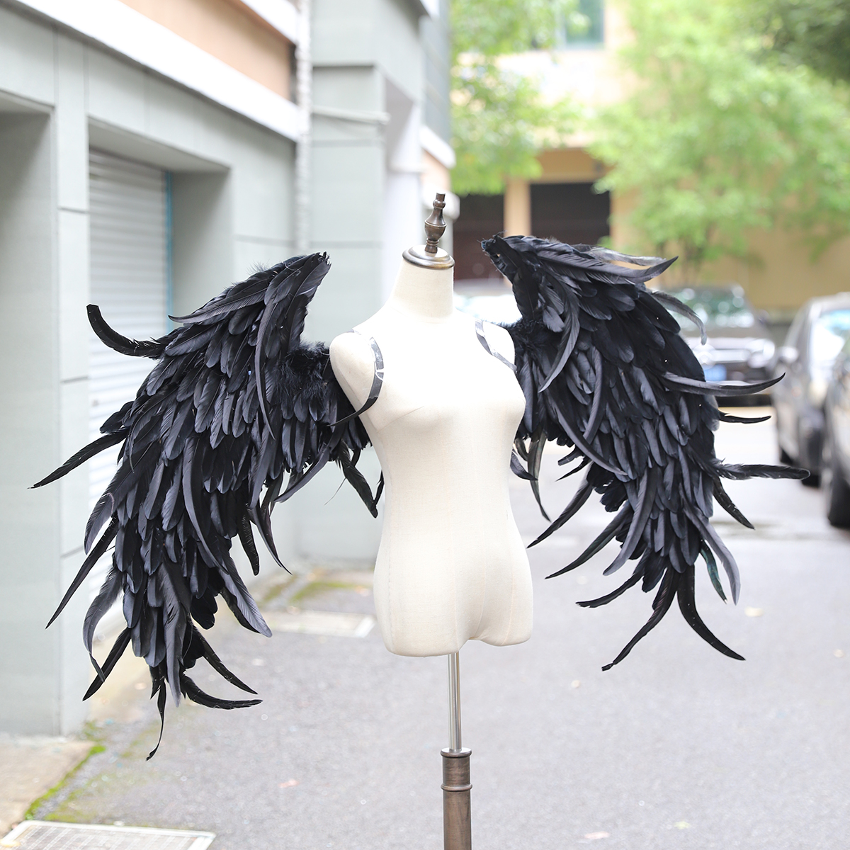 阴阳师大天狗维秘模特T台走秀婚纱摄影天使羽毛翅膀黑色演出道具