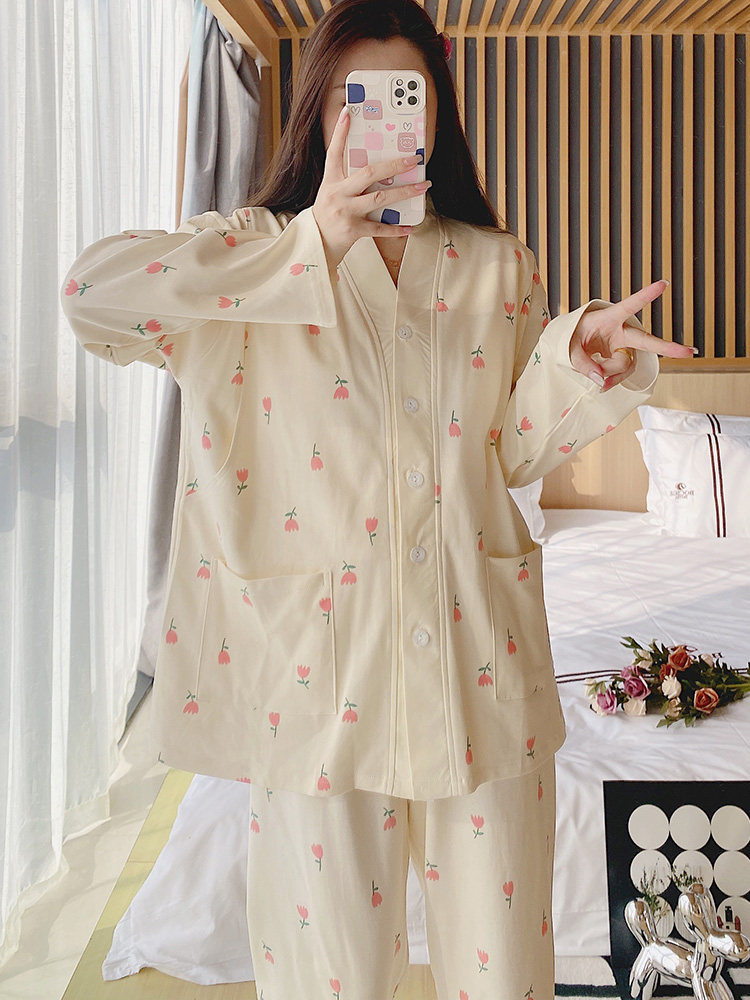 임산부용 가슴 패드가 있는 대형 200파운드 산모 잠옷 봄 가을 임신 기간 수유복 산후 수유복