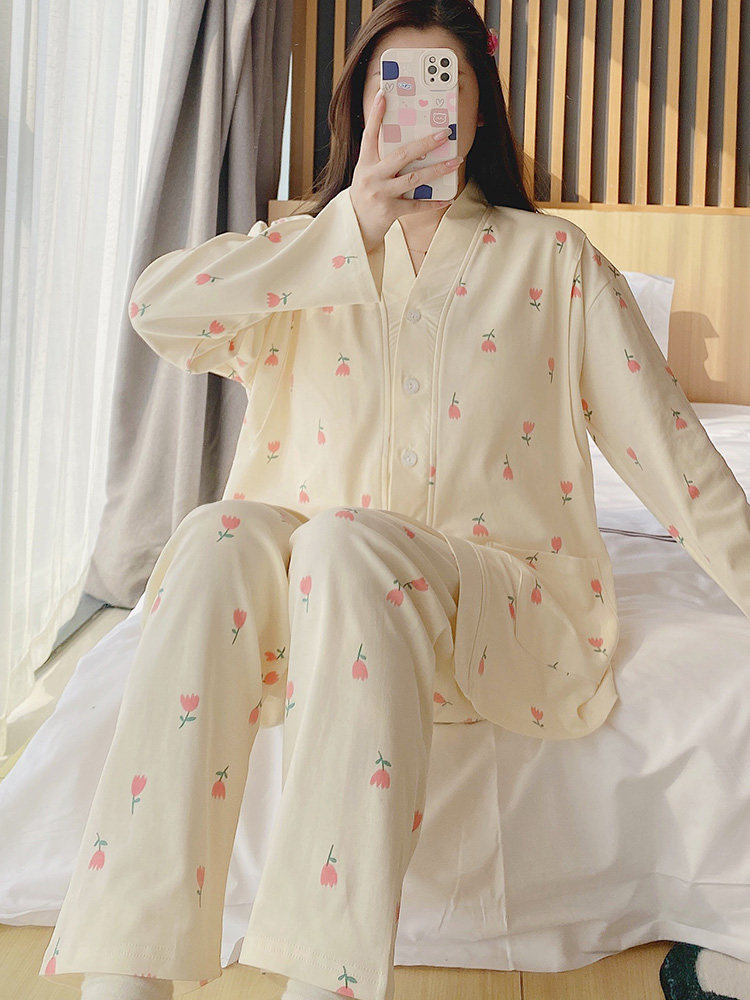 임산부용 가슴 패드가 있는 대형 200파운드 산모 잠옷 봄 가을 임신 기간 수유복 산후 수유복