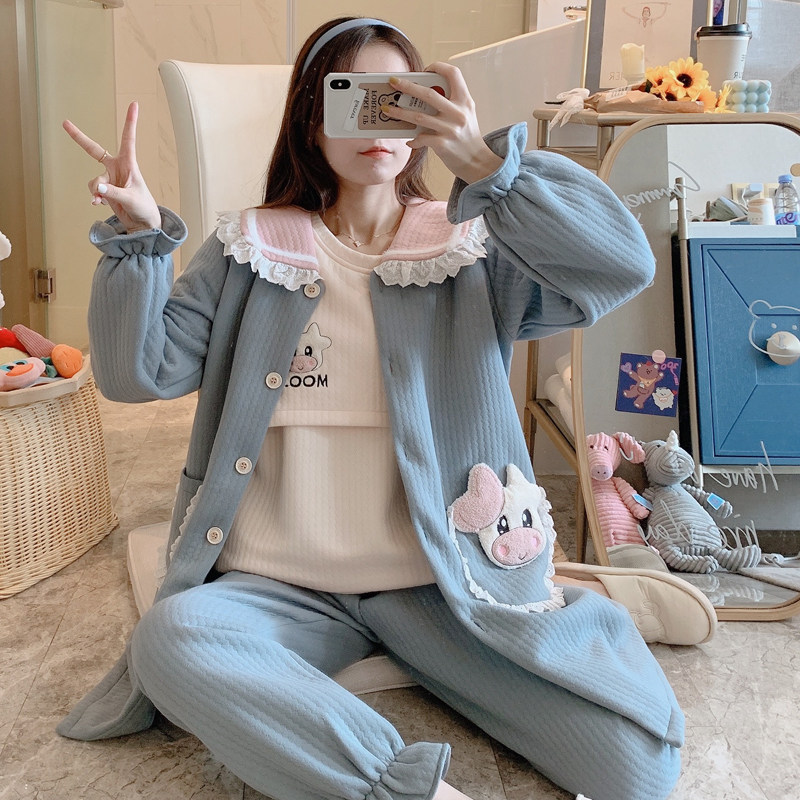 三件套月子服10月份产后产妇孕妇住院睡衣出院产妇套装秋冬季大码