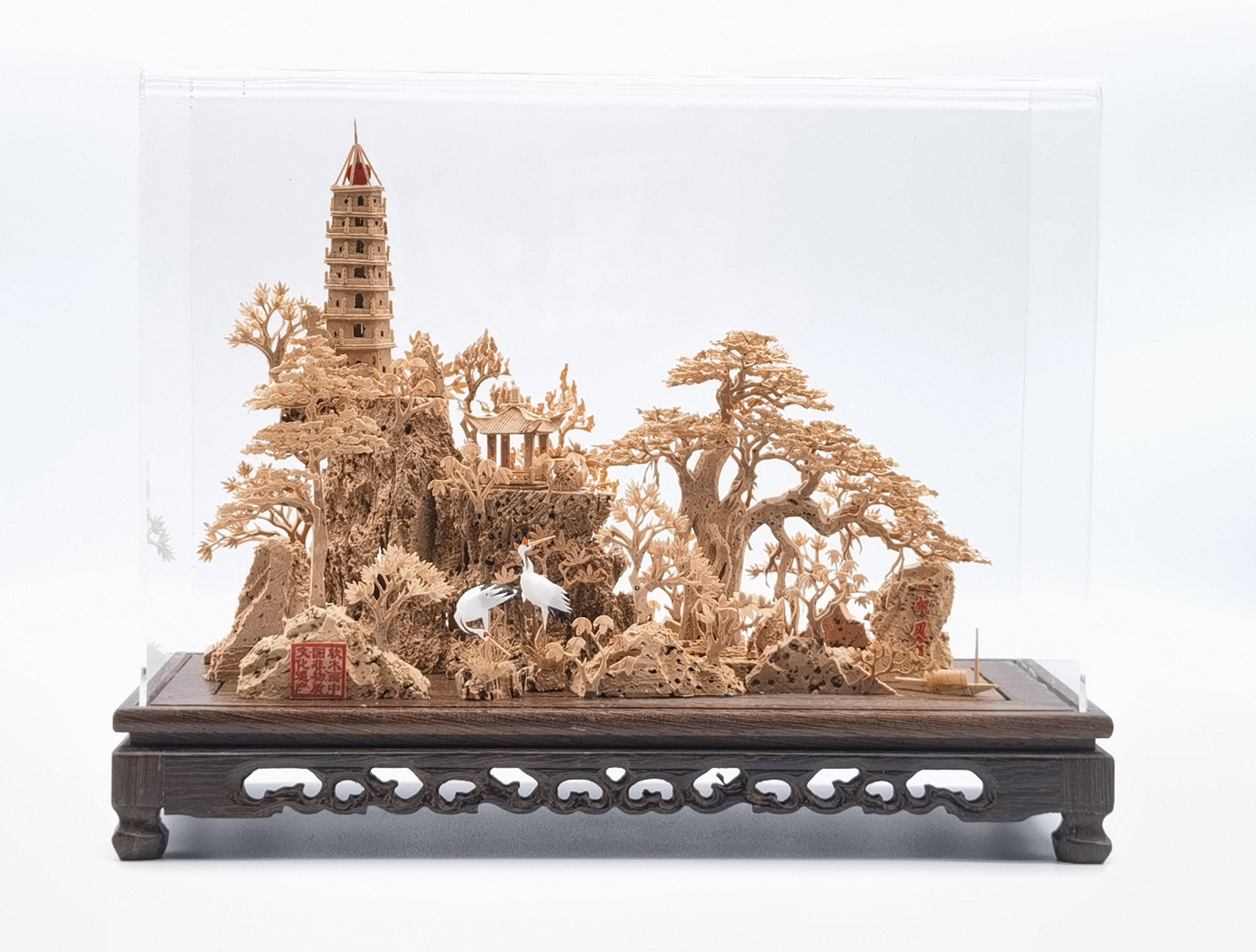 【非遗】福建福州软木画手工雕刻艺术品收藏亚力克鸡翅木园林摆件