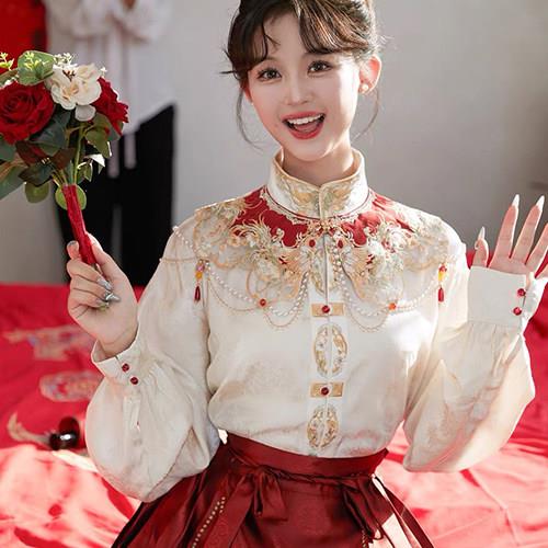 自家新中式马面裙立领刺绣衬衫秋季提花长袖上衣女汉元素女款国风