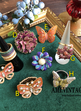 ins复古彩釉夸张大花朵蝴蝶戒指