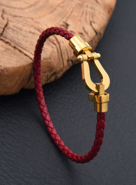 欧美手链 马蹄扣不锈钢皮手链U型扣手镯时尚轻奢手环红绳首饰品