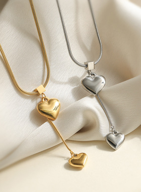 复古简约个性镀真金不锈钢爱心吊坠项链女ins网红锁骨