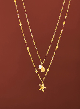 温鉴双层海星贝壳夏季度假风锁骨链叠戴项链 钛钢真空电镀不掉色