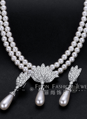 典雅新娘结婚礼珍珠项链耳环套装手工法式复古低奢小众多层颈链女