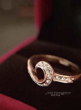 精工镶钻脱俗百搭镀18K金设计感流线型戒指新年勾钱神器指环手饰