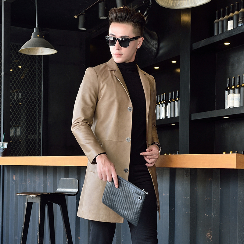 Haining leather clothes mens first layer cowhide coat medium and long slim jacket leisure autumn and winter trend windbreaker