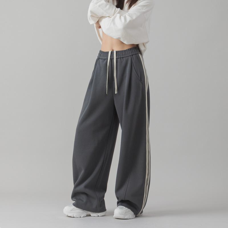 银色工厂春秋款宽松休闲裤拼接条纹女生深灰色长裤垂感百搭直筒裤