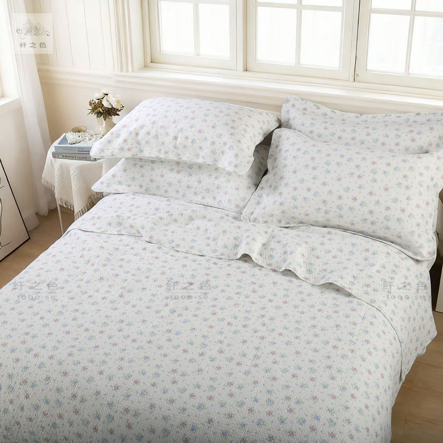 韩式小碎花床盖白色纯棉绗缝被三件套1.8米床双人四季通用床单
