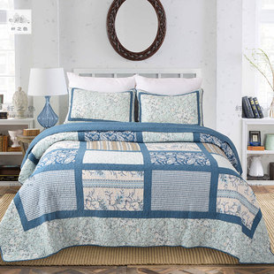 美式复古真拼接床盖拼布绗缝被三件套夹棉铺盖两用多功能床单被子