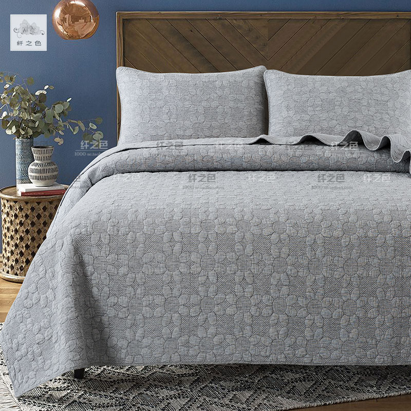 绗缝被棉麻双人床盖纯色夹棉床单