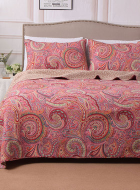 红色佩斯里密绗缝三件套床盖夹棉多功能全棉春夏空调薄被单美式