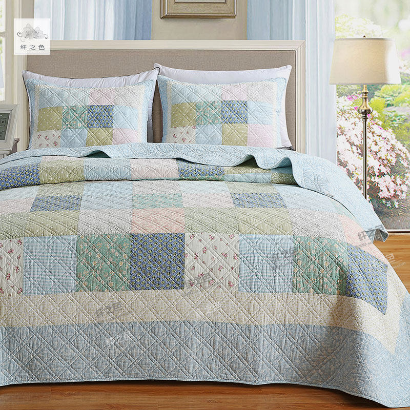 纤之色韩式波点衍缝被女孩纯棉蓝色床盖三件套单人床单薄被午睡被,床上用品,床盖,淘宝优惠券,粉丝福利购,淘宝优惠卷