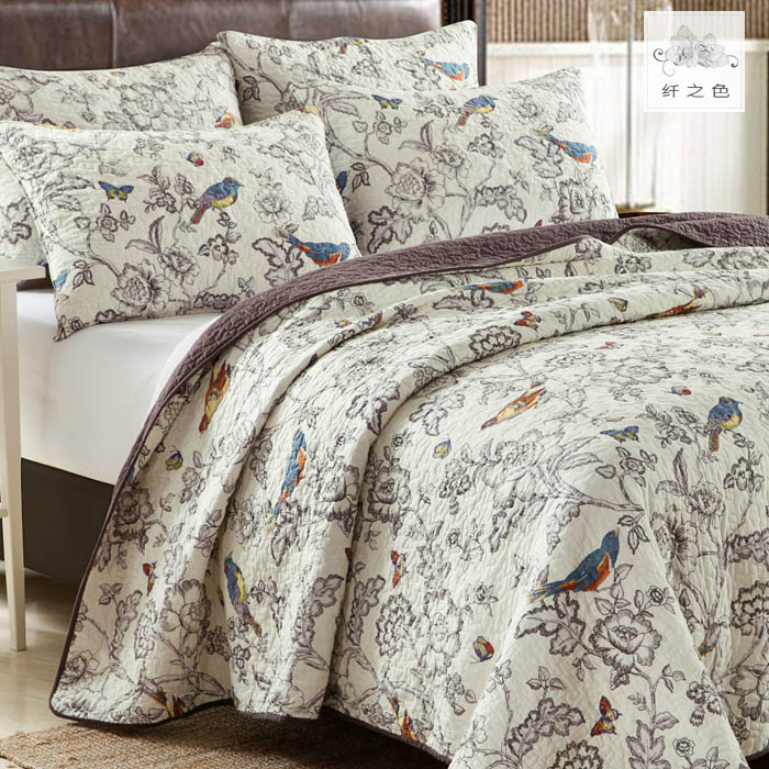 百花鸟 美式纯棉绗缝被三件套春秋盖被床盖夹棉床褥床罩空调被
