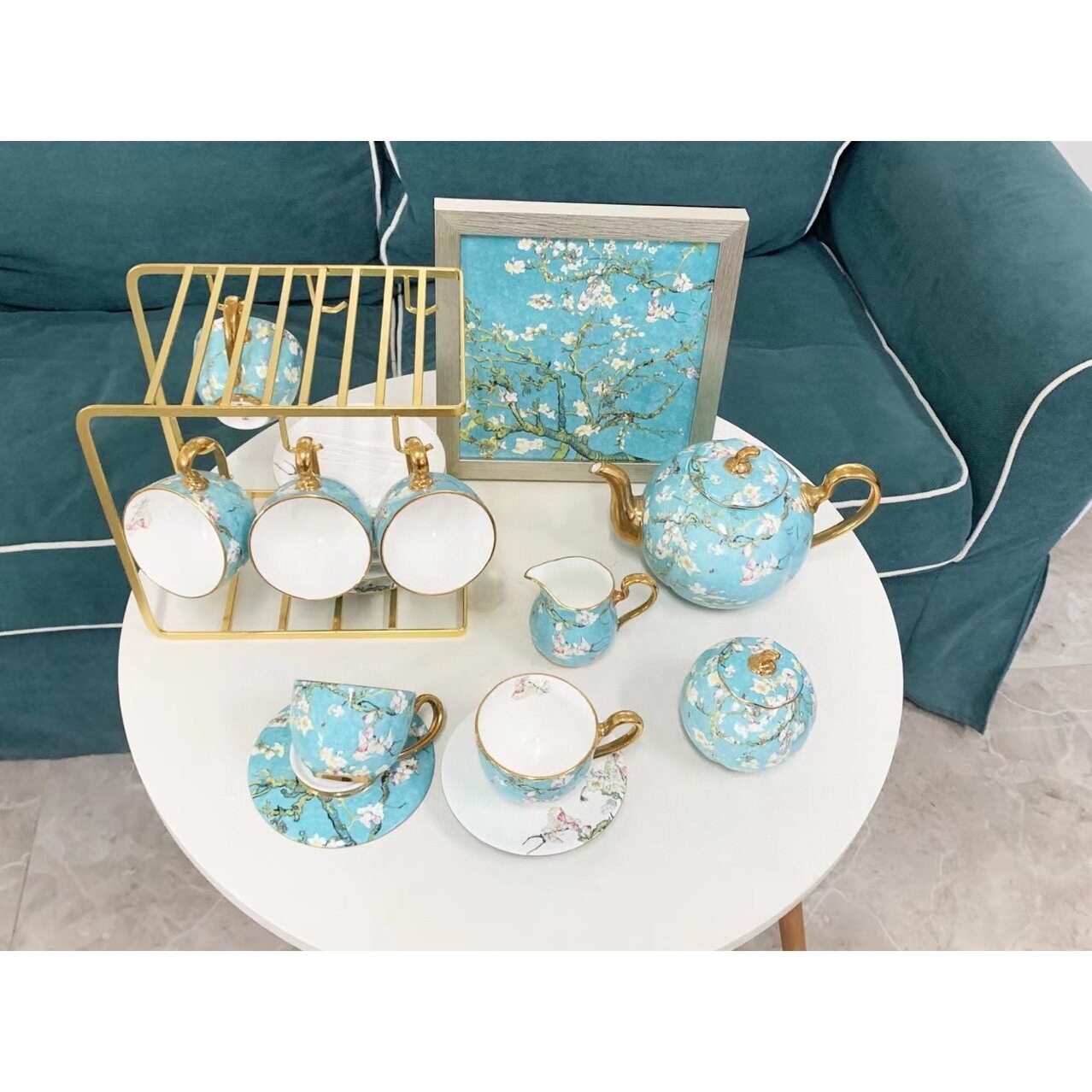 梵高杏花系列骨瓷18头咖啡具茶壶奶杯糖缸瓷板画六杯六碟送杯挂架