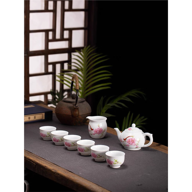 厂货瓷器 7501毛瓷手绘水点桃花功夫茶具 茶杯茶壶红色官窑