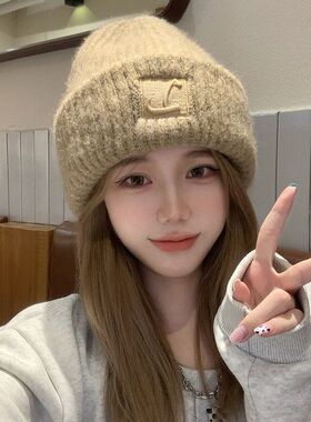 加厚毛线帽子女秋冬韩版保暖堆堆冷帽大脸显脸小针织护耳帽干发帽