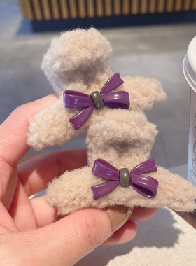 甜美紫色蝴蝶结毛绒绒小抓夹发夹半扎发夹发卡刘海侧边夹发饰