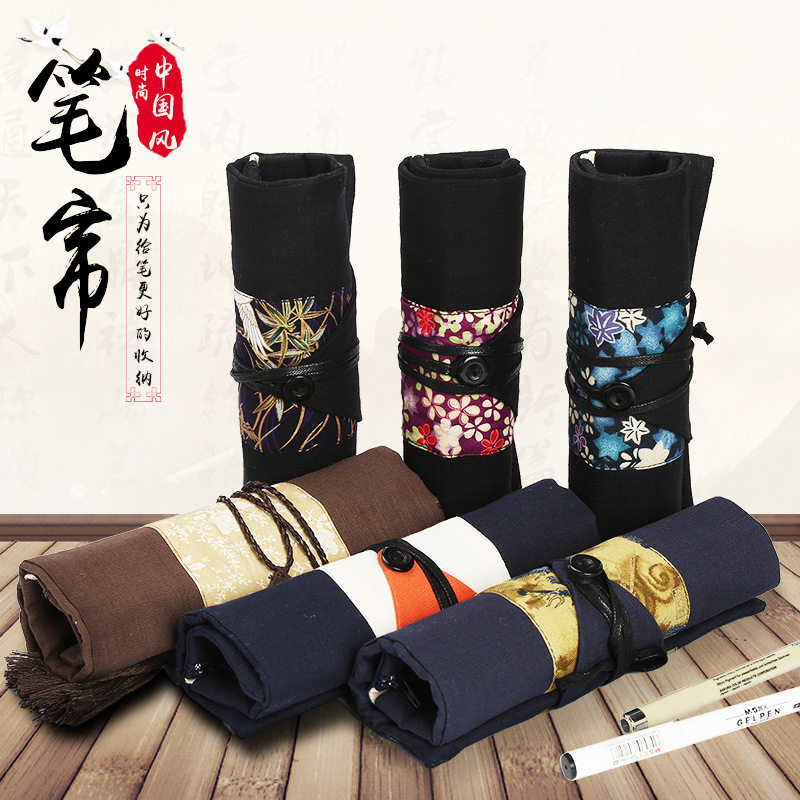 复古风卷帘帆布包钢笔大学文具盒