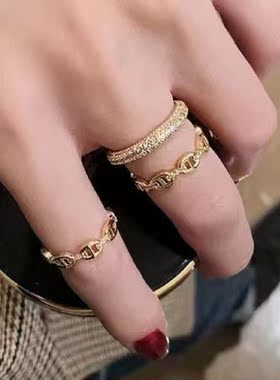 新款包邮指环欧美冷淡风两件套金色满钻戒指套装混搭饰品配饰女