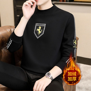 冬季新款半高领战马加绒卫衣男士潮牌烫钻空气棉保暖长袖打底衫