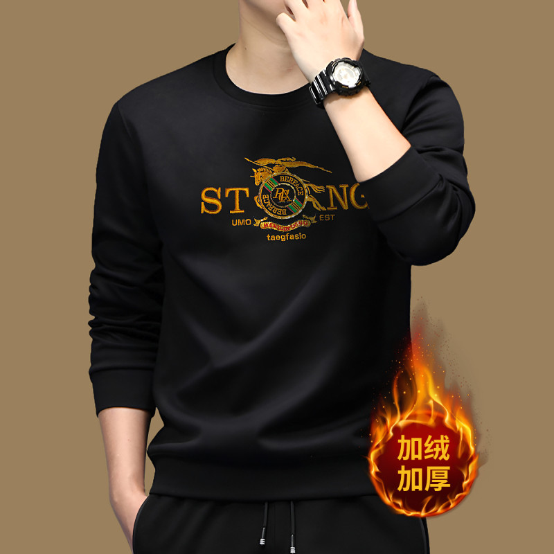 欧货加绒卫衣2025冬季新款时尚潮牌巴家刺绣休闲男士长袖圆领卫衣