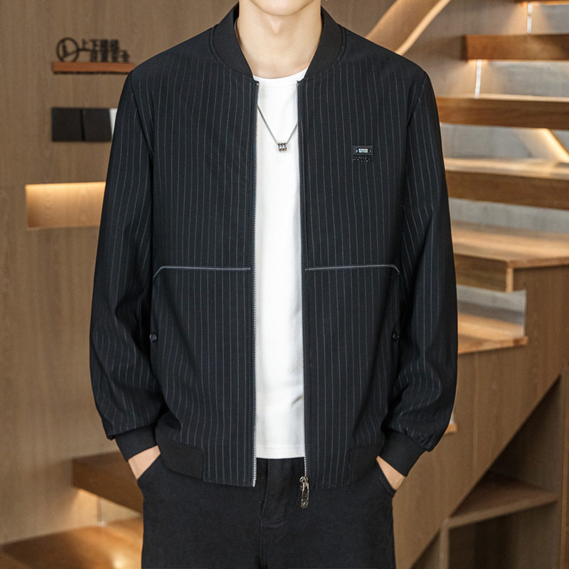 棒球领条纹夹克男士春秋季潮牌商务休闲外套青年时尚帅气褂子上衣