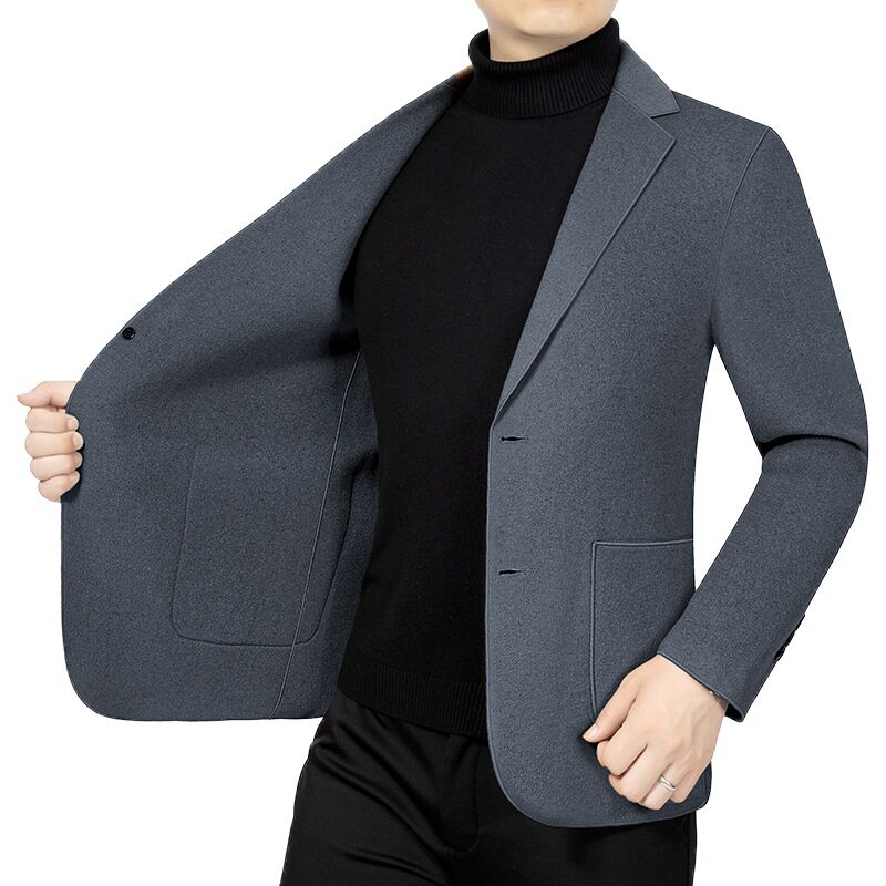 双面尼秋冬季羊毛呢西装短款韩版中年男士休闲西服外套高档爸爸装