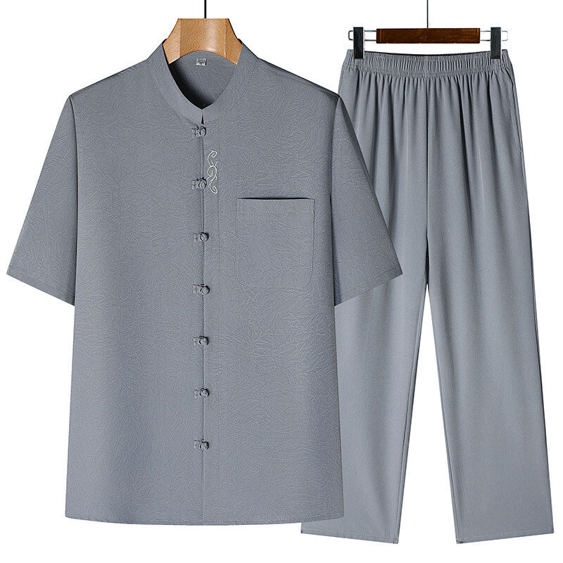 唐装男中老年夏季短袖爸爸夏装中国风套装60岁70老人爷爷休闲衣服