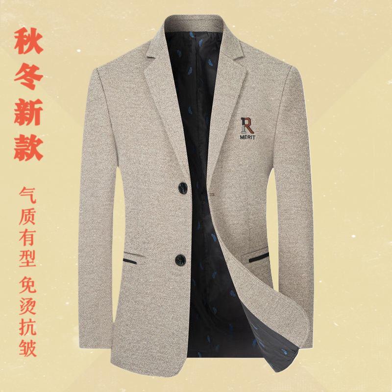 春秋季新款中年男休闲厚款呢西装爸爸上衣服单件西服外套抖音爆款