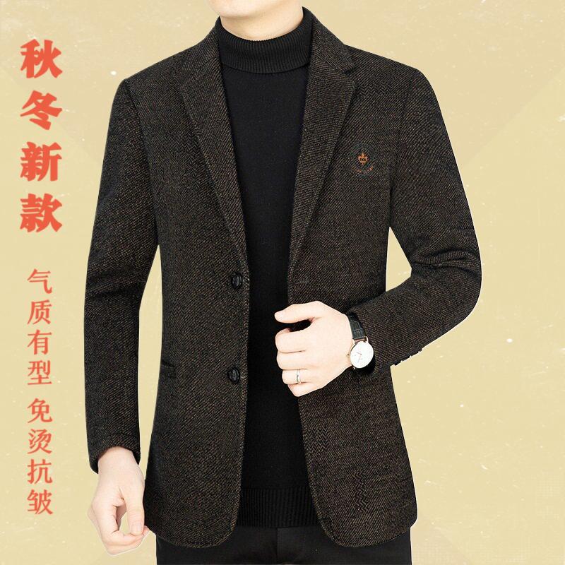 秋冬季新款中年男士毛呢西装外套休闲中老年上衣服爸爸高档西服男
