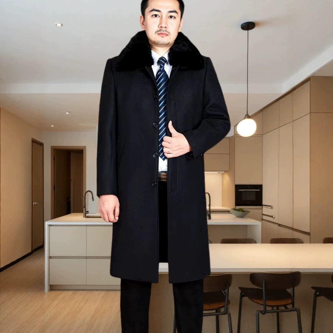 中年男士长款翻领呢料大衣爸爸顺滑面料外出通勤百搭休闲外衣上衣