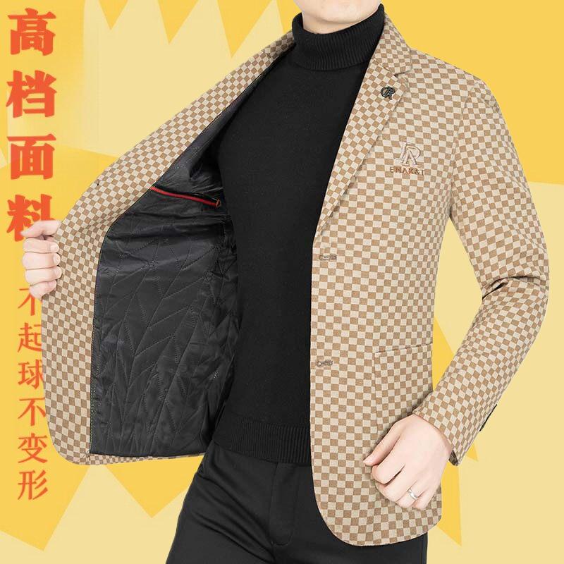 2023春季男士商务休闲西服纯色帅气小西装修身韩版格子一件代发