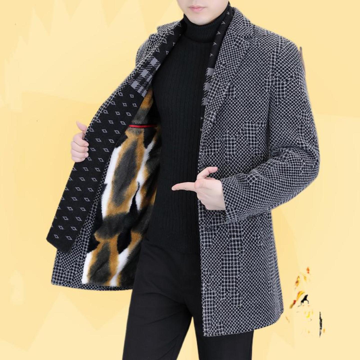 秋冬毛呢大衣男士中长款围巾领风衣男冬季加绒加厚金貂绒呢子