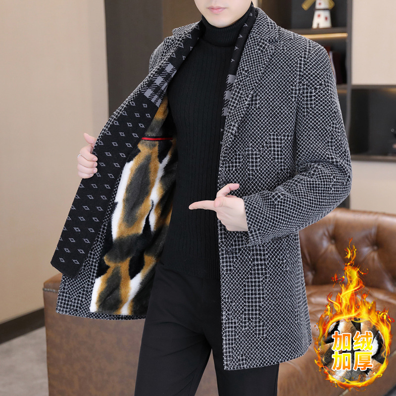 秋冬毛呢大衣男士中长款围巾领风衣男冬季加绒加厚金貂绒呢子